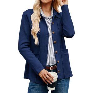 Women Knit Blue Button Down  Blazer Sweater Jacket Long Sleeve Pockets Casual